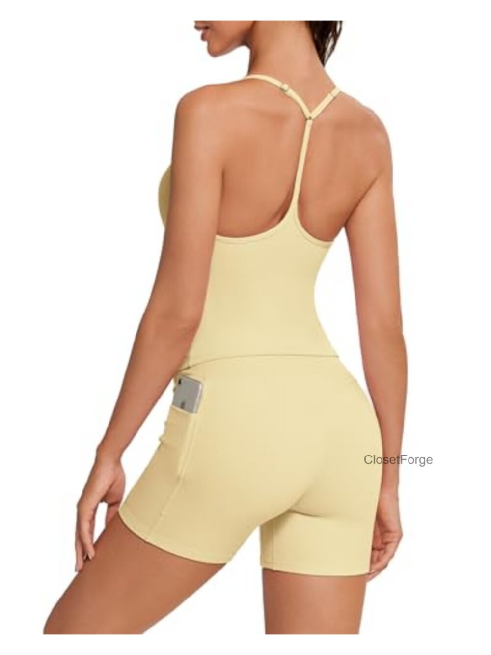 2 Piece Workout Set Y Back Tank Top Booty Shorts with Pockets Nylon Spandex